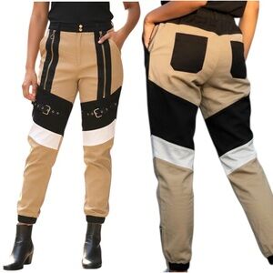 Hot & Delicious Pants Taupe Color Block Cargo Joggers Buckle/Detail 6 Pockets L